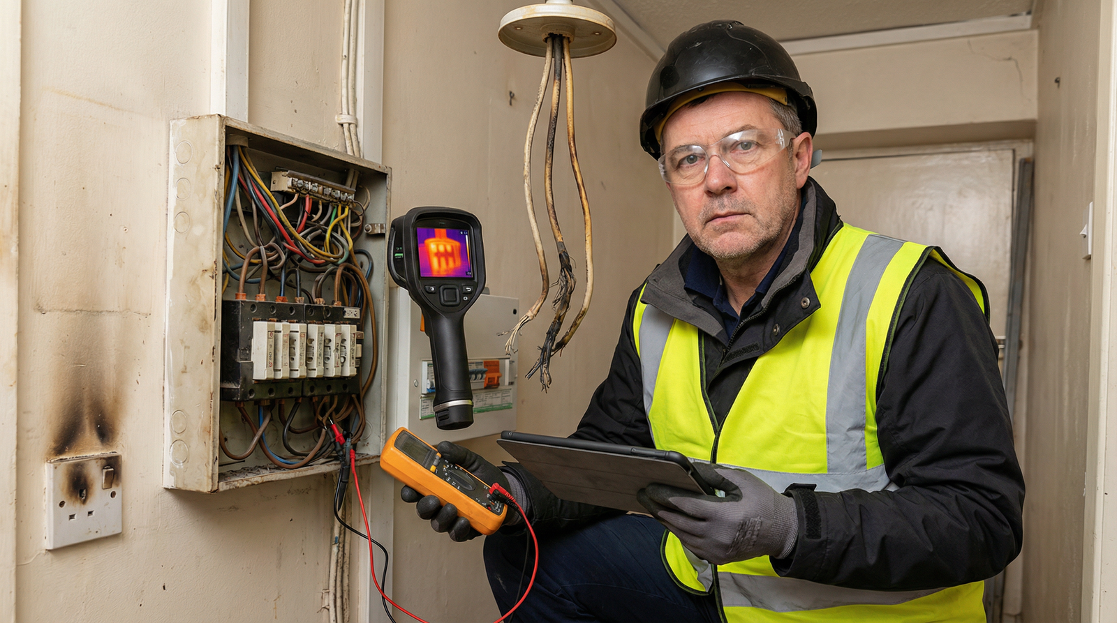 Professional RICS surveyor inspecting electrical safety issues using testing equipment examining fuse box and wiring in London property