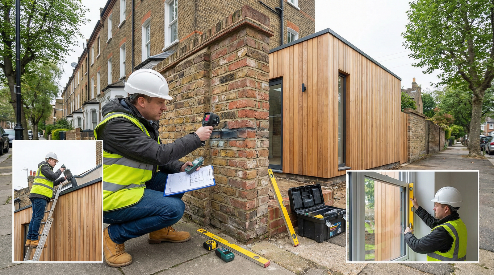 Professional RICS surveyor inspecting property extension junction checking building regulations compliance and structural connections