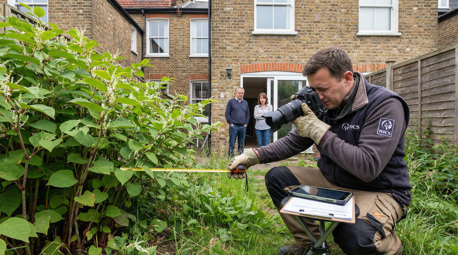 Professional RICS surveyor identifying Japanese knotweed invasive plant with distinctive heart-shaped leaves and bamboo-like stems in London property garden