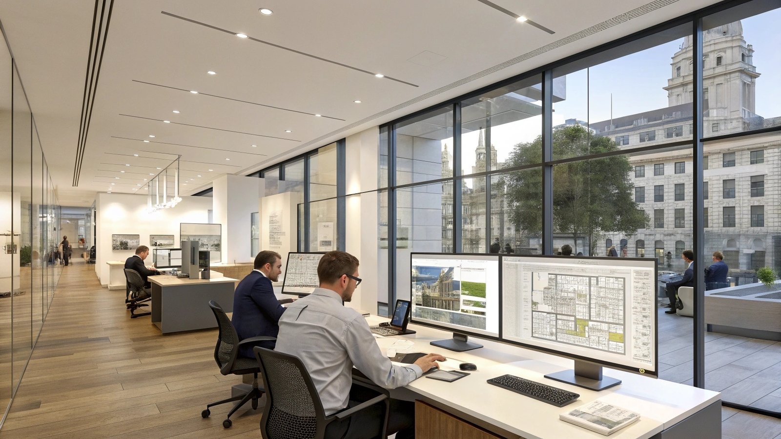 Modern professional office of London Home Surveys with chartered surveyors reviewing building plans and survey reports