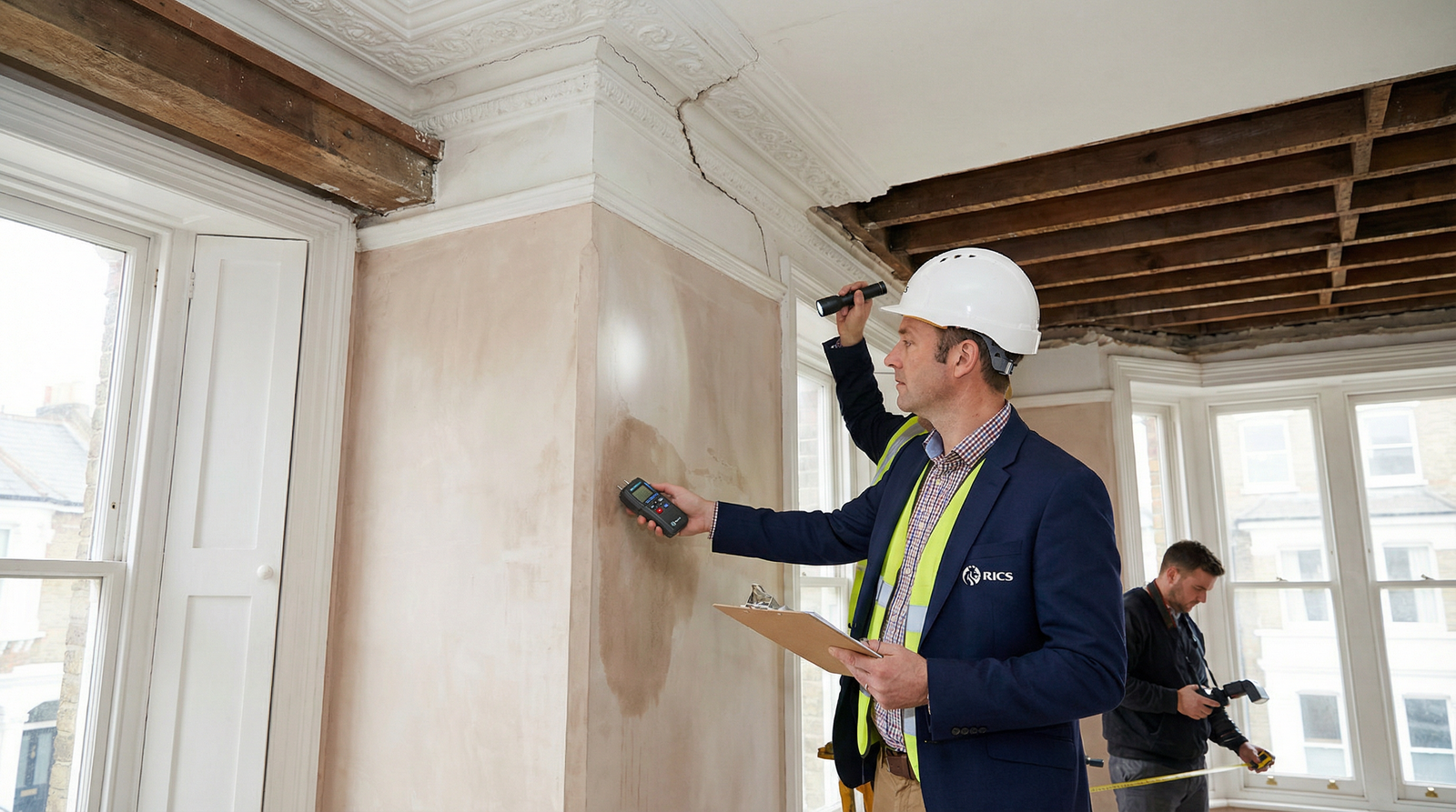 Professional RICS surveyor inspecting structural issues in Victorian London house including wall cracks and ceiling joints