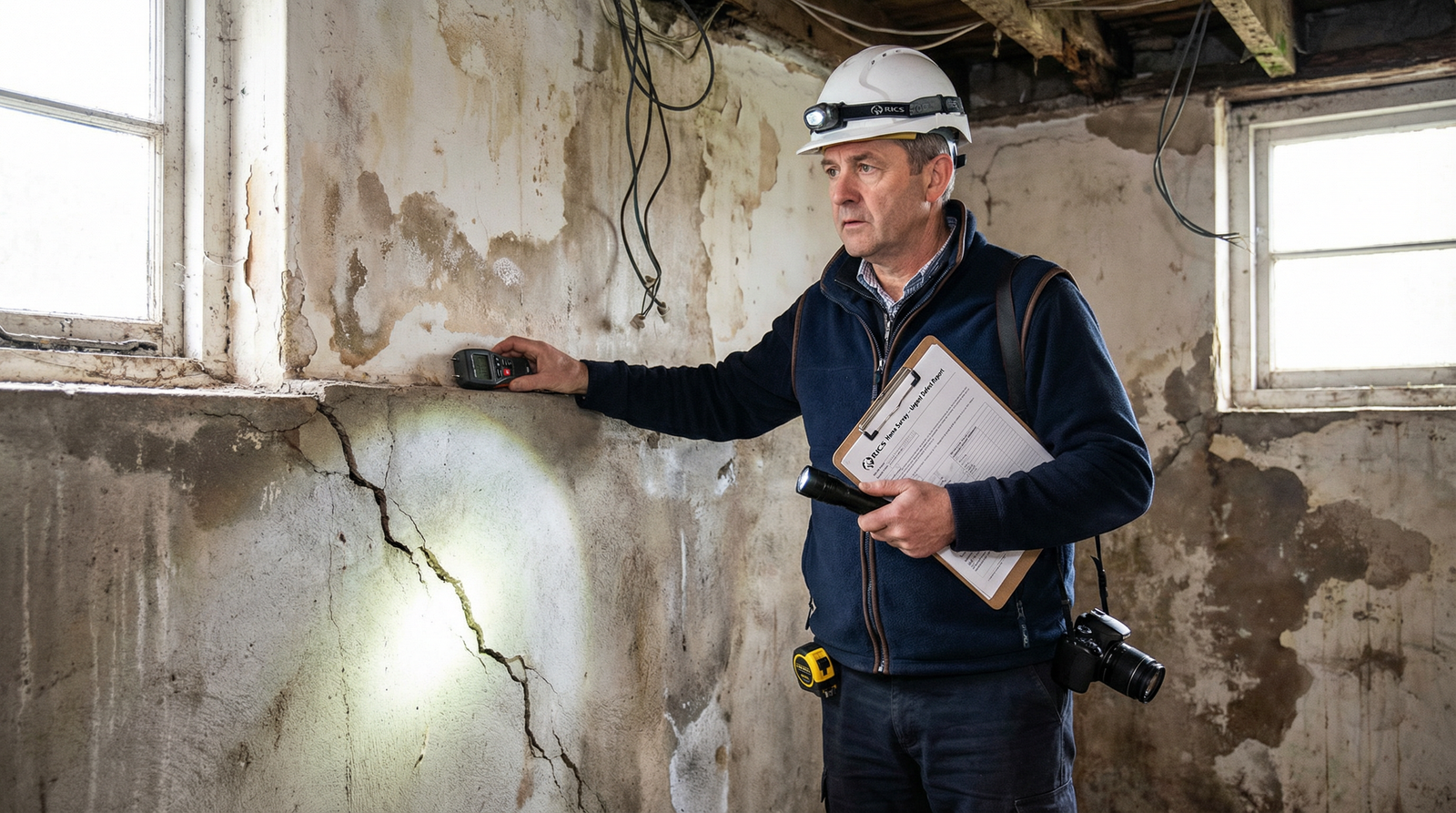 RICS surveyor identifying critical warning signs including structural cracks, damp damage, and electrical hazards during property inspection